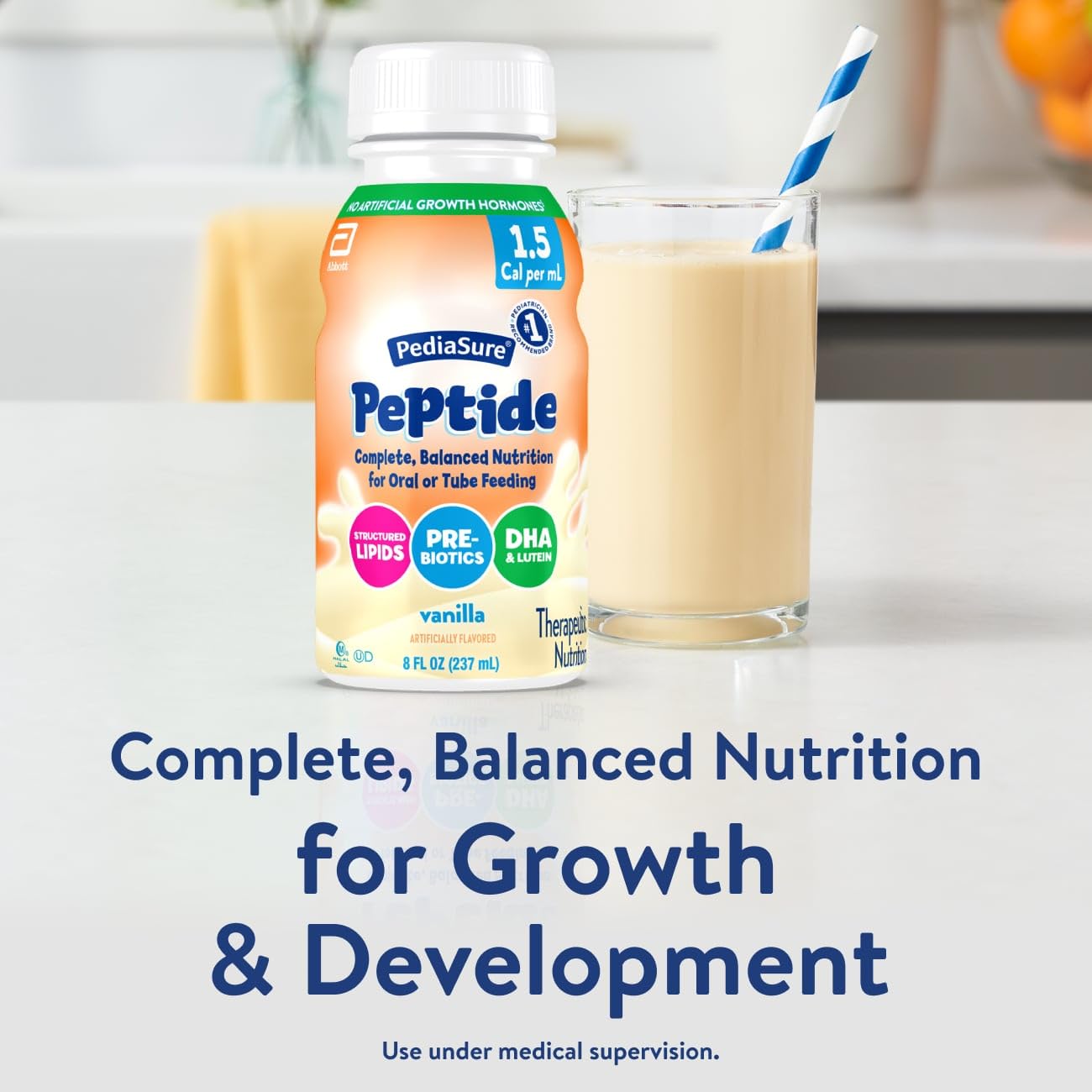 Side view of Abbott PediaSure Peptide 1.5 Cal fluid ounce bottle showing nutritional information.