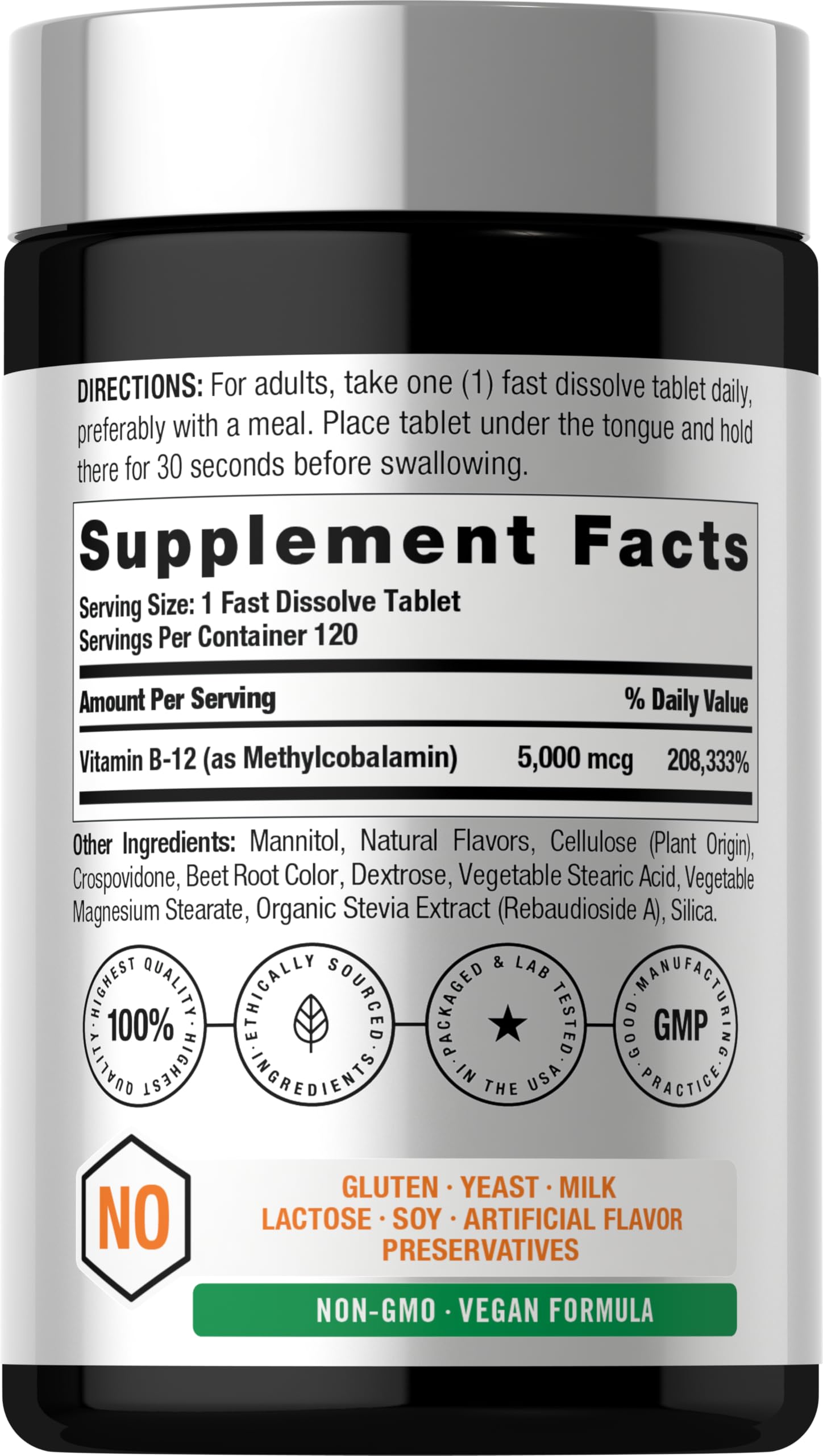 Horbäach Methylcobalamin B12 fast dissolve supplement label details and nutrition facts