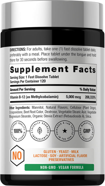 Horbäach Methylcobalamin B12 fast dissolve supplement label details and nutrition facts
