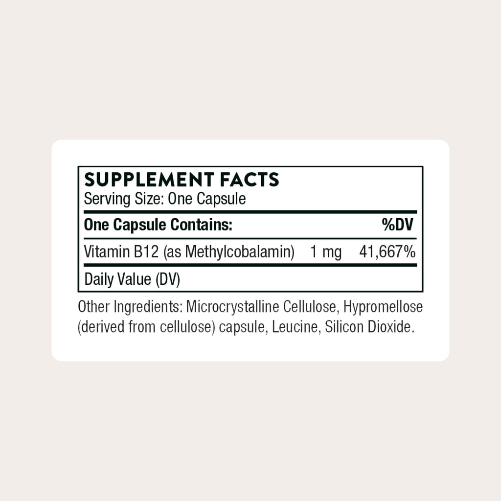Thorne active form Vitamin B12 supplement container displaying 60 vegetarian capsules label