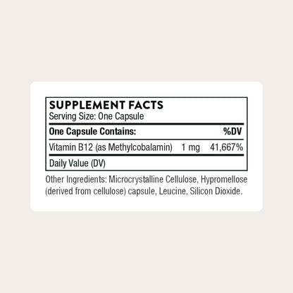 Thorne active form Vitamin B12 supplement container displaying 60 vegetarian capsules label