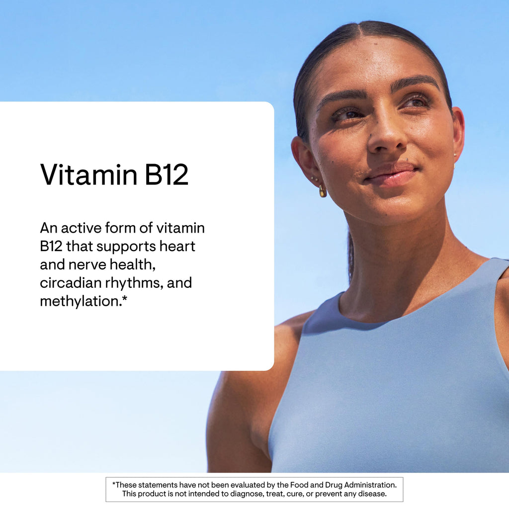 Supplement facts panel on premium Thorne B12 methylcobalamin bottle for heart health support
