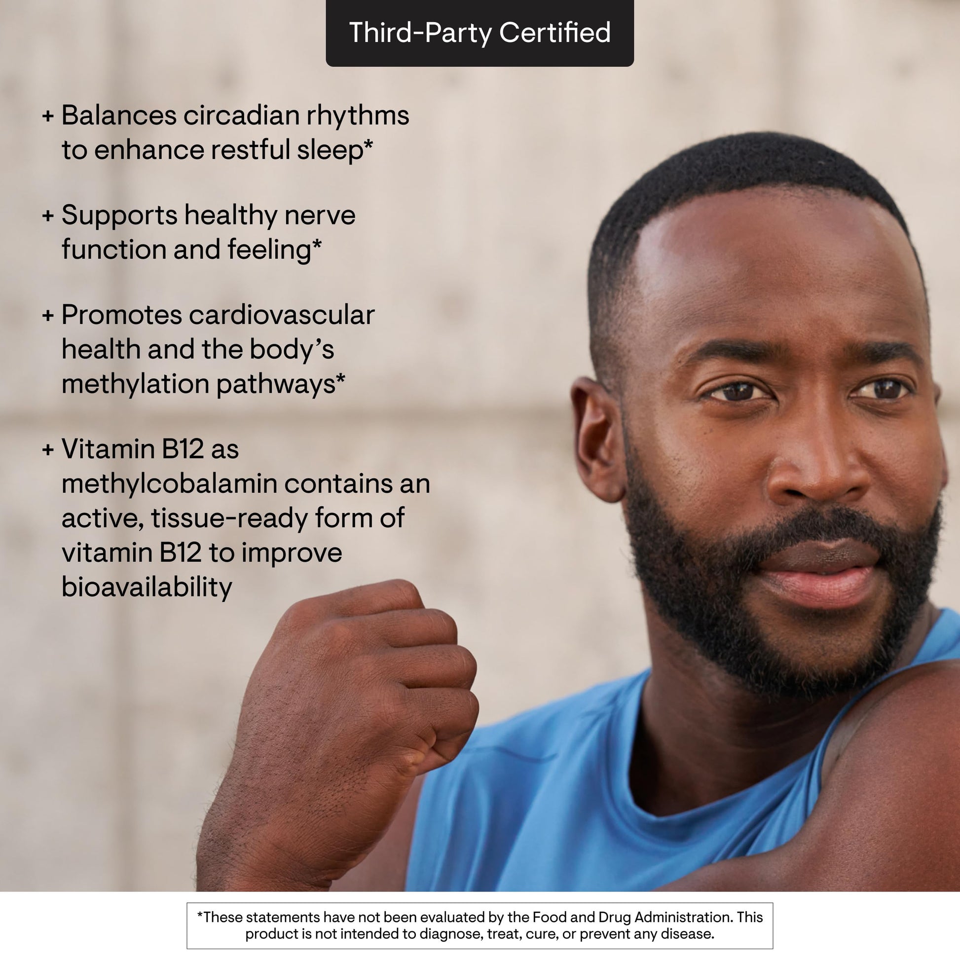 Close up of clean ingredients and gluten free certification on Thorne B12 bottle