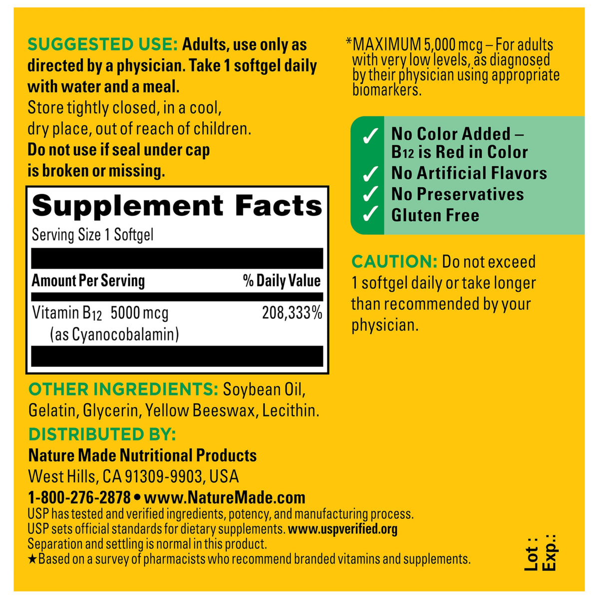 Nature Made B12 dietary supplement bottle display with adult daily usage directions
