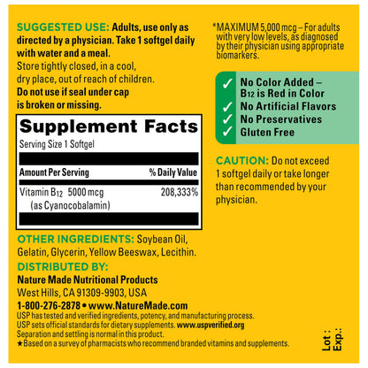Nature Made B12 dietary supplement bottle display with adult daily usage directions