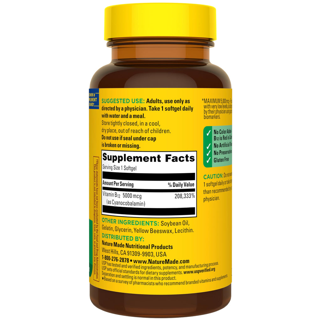 Nature Made Maximum Strength Vitamin B12 packaging showing brain cell function benefits