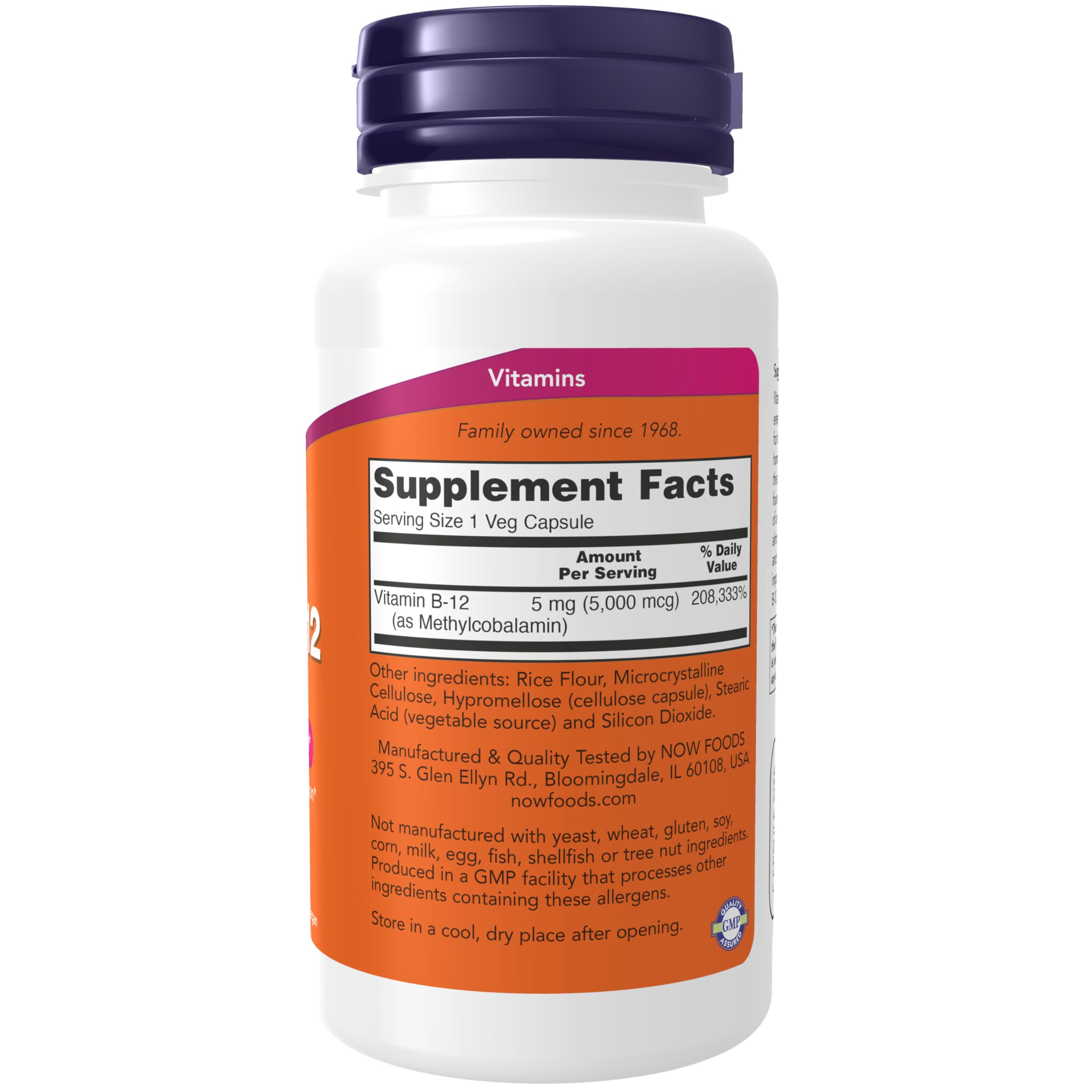 NOW Foods Methyl B12 supplement facts label detailing 5000 mcg methylcobalamin ingredients and hypoallergenic properties