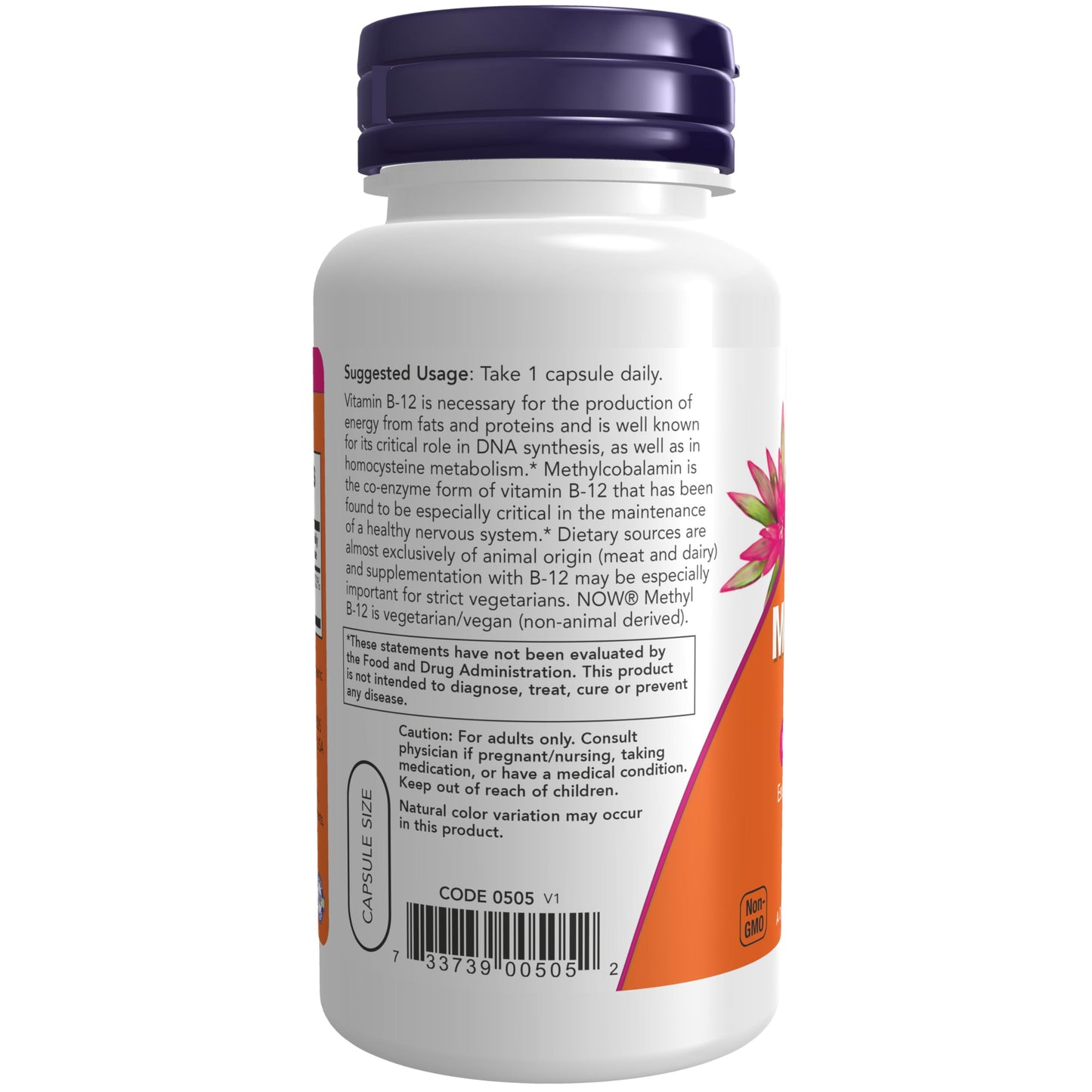 Side angle of NOW Foods Methyl B12 90 veg capsules bottle showcasing premium USA imported packaging details