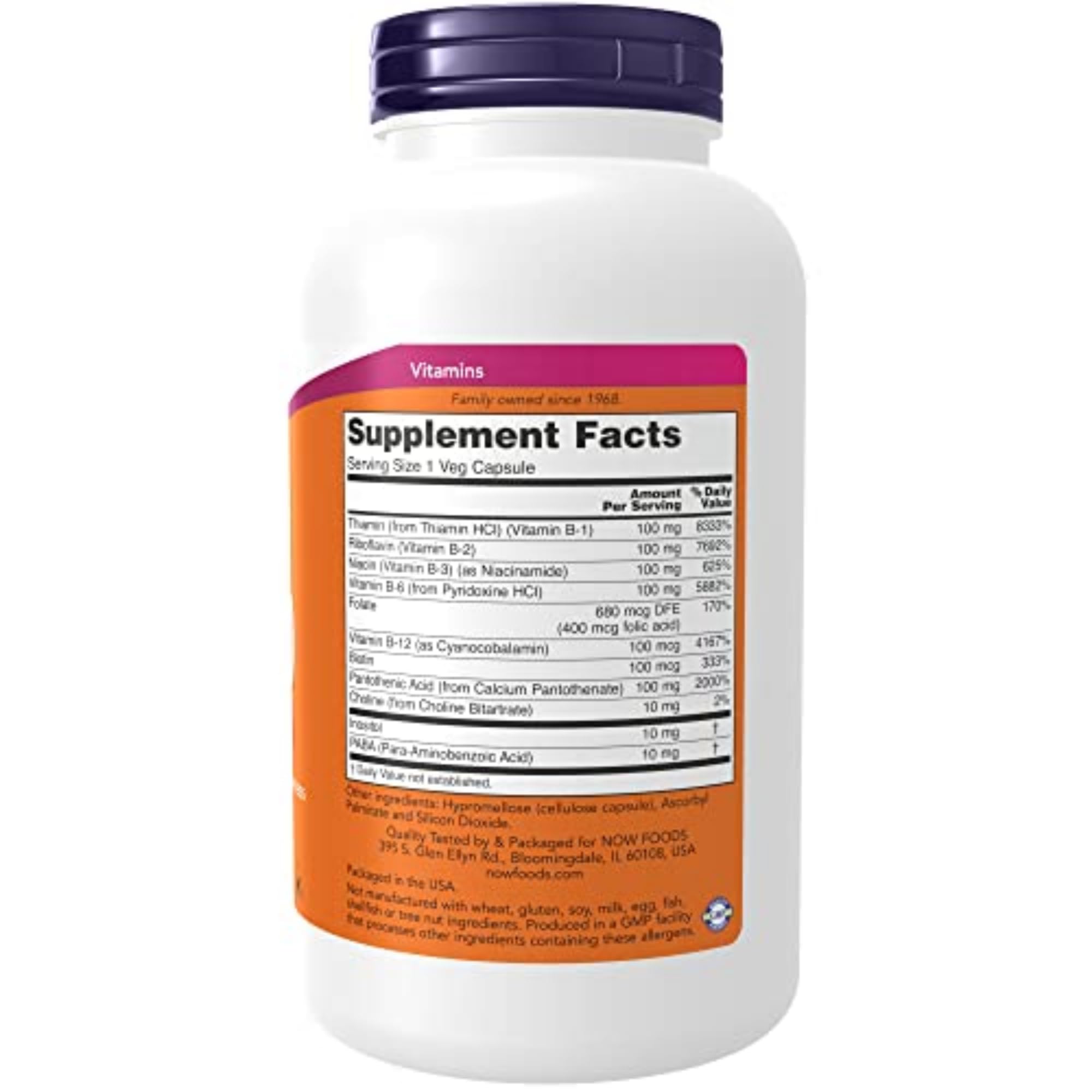 NOW Foods B-100 supplement bottle showing supplement facts and full list of B vitamins.