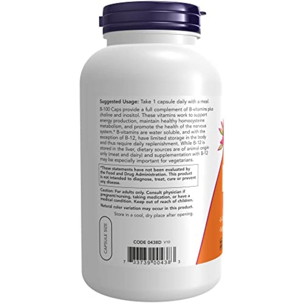 Side view of NOW Foods B complex capsules showcasing the non-GMO and vegetarian product certifications.