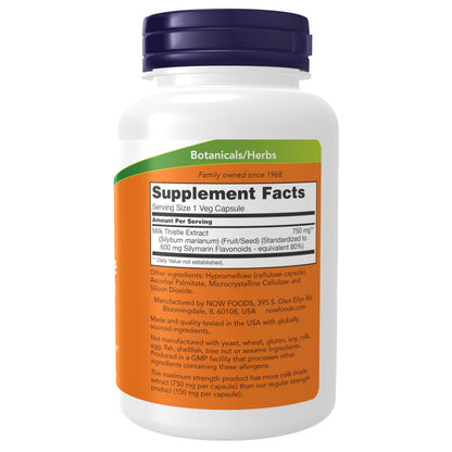 Now Foods Maximum Strength Silymarin 90 vegetarian capsules label details