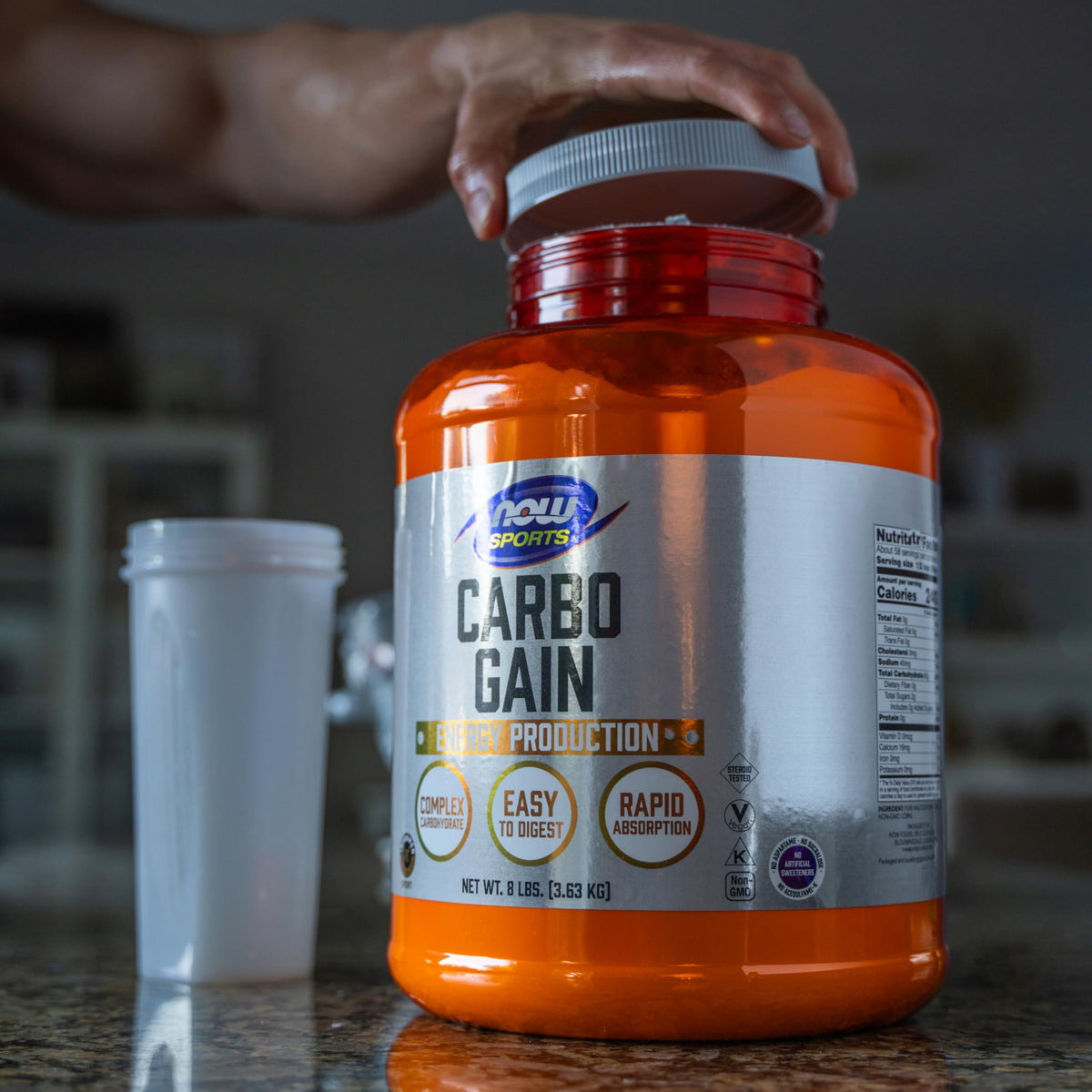 Rapid absorption carbohydrate powder container highlighting the unflavored variant text.