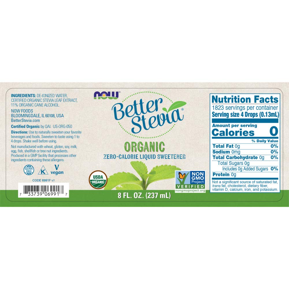NOW Foods BetterStevia plant based sugar substitute nutrition facts label view