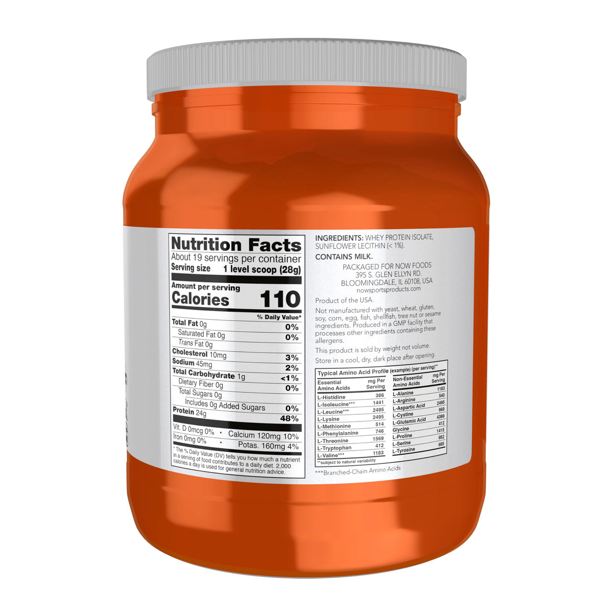NOW Sports unflavored whey protein isolate nutritional facts panel details