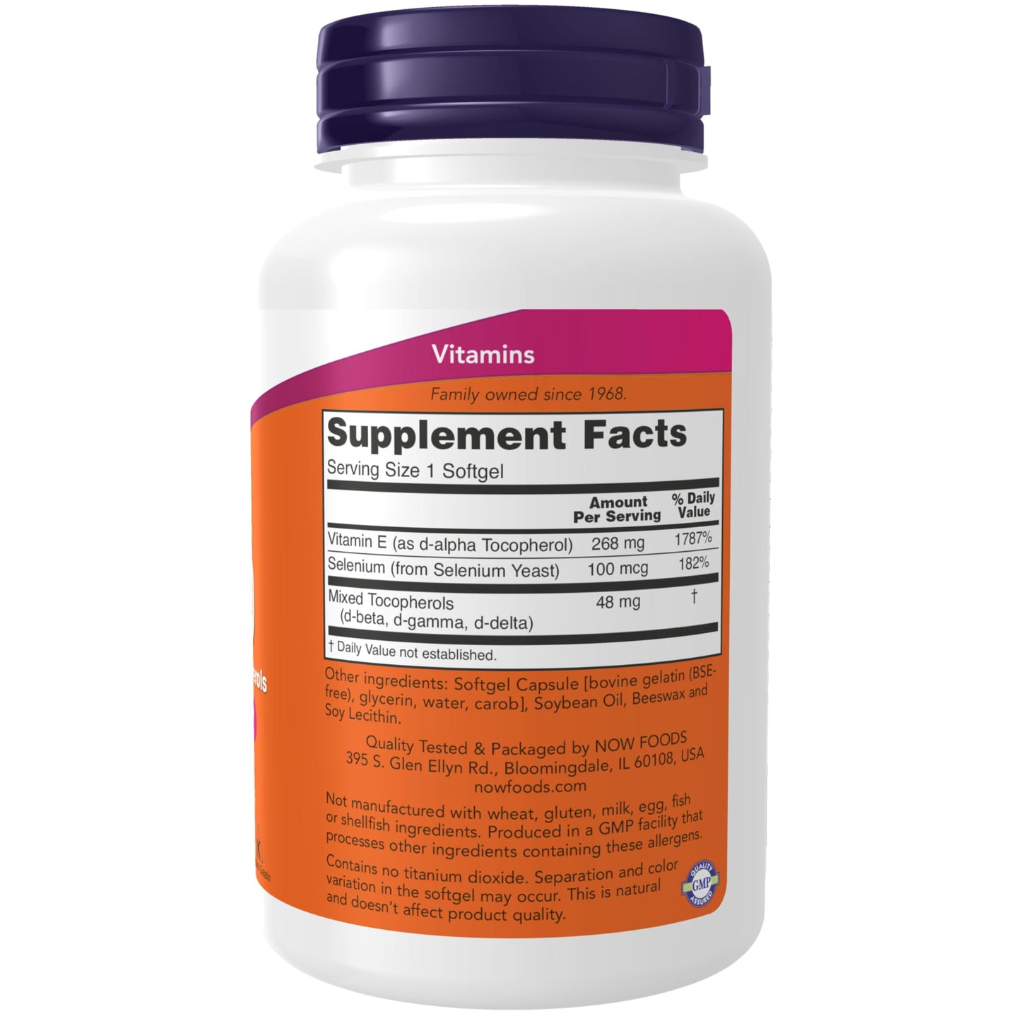 NOW Foods Vitamin E 400 IU supplement facts and ingredients label close up
