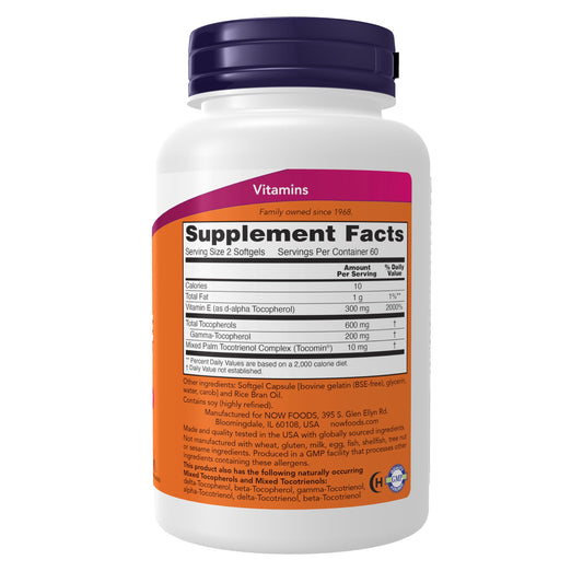NOW Foods full spectrum Vitamin E supplement mixed tocopherols panel