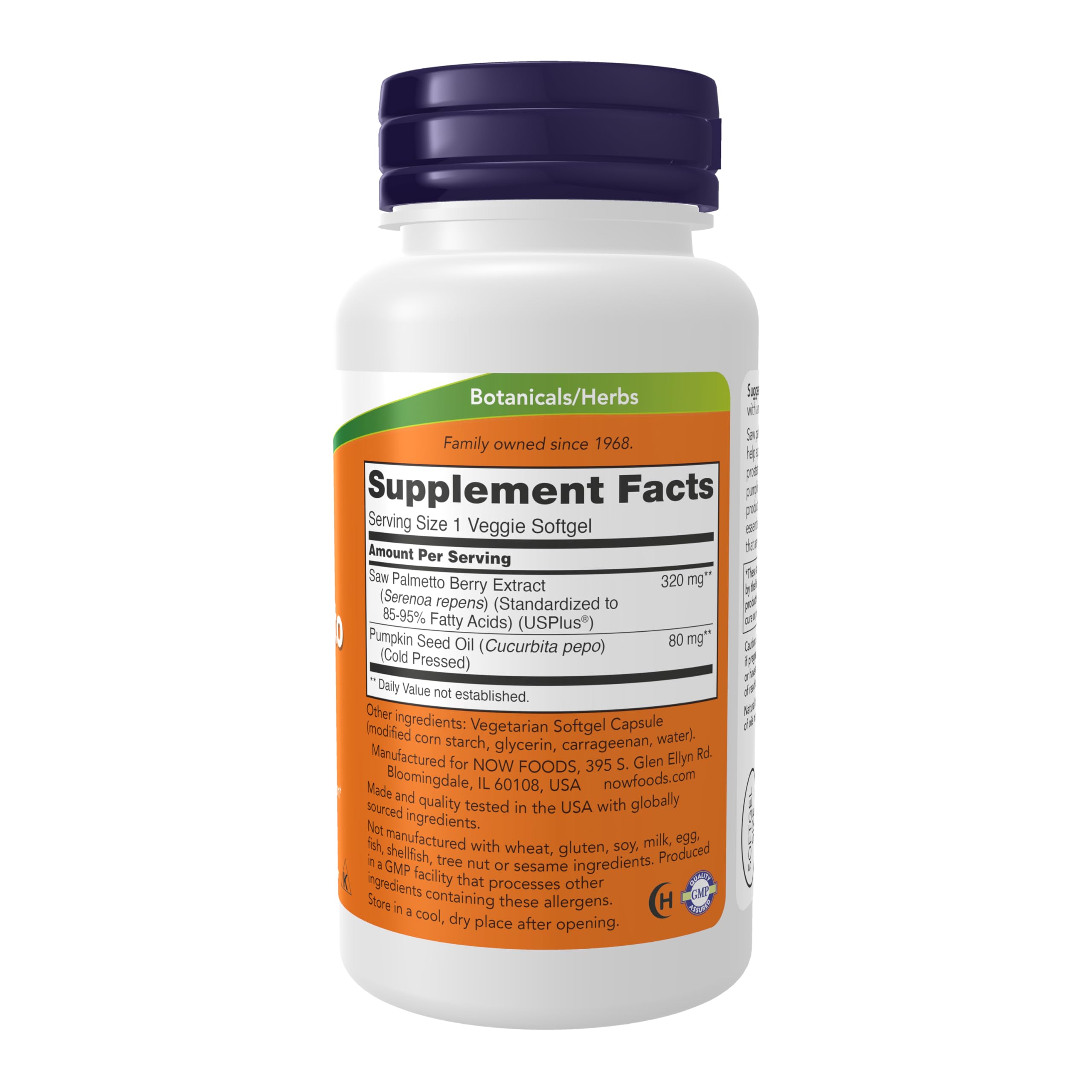 NOW Foods prostate supplement showing back label ingredients and FSSAI importer license info