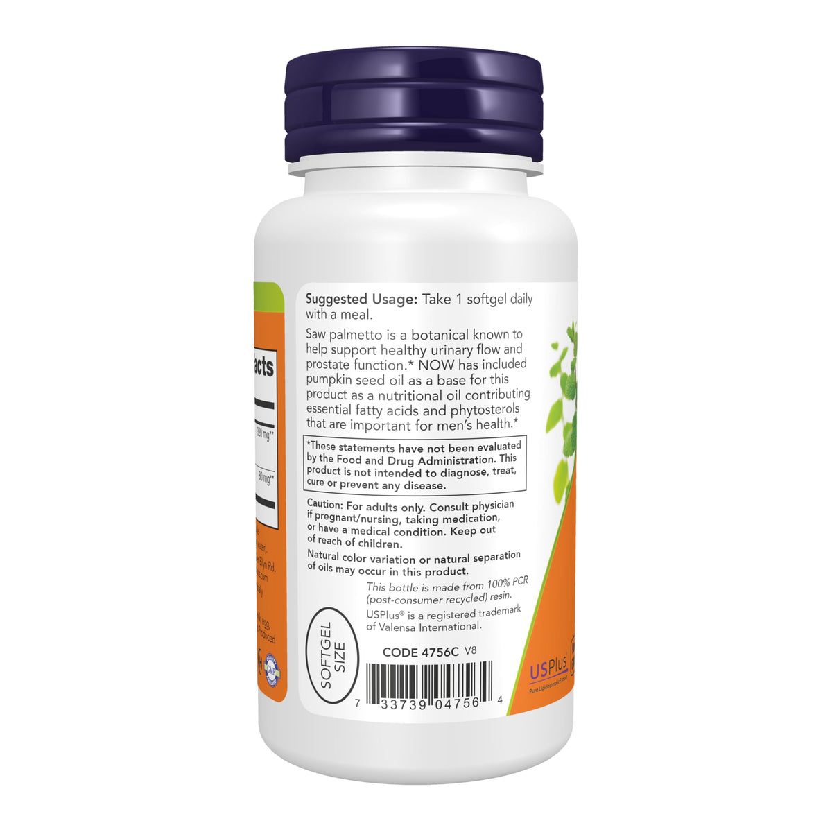 Side angle of NOW Supplements Saw Palmetto Extract 320 mg with pumpkin seed oil packaging
