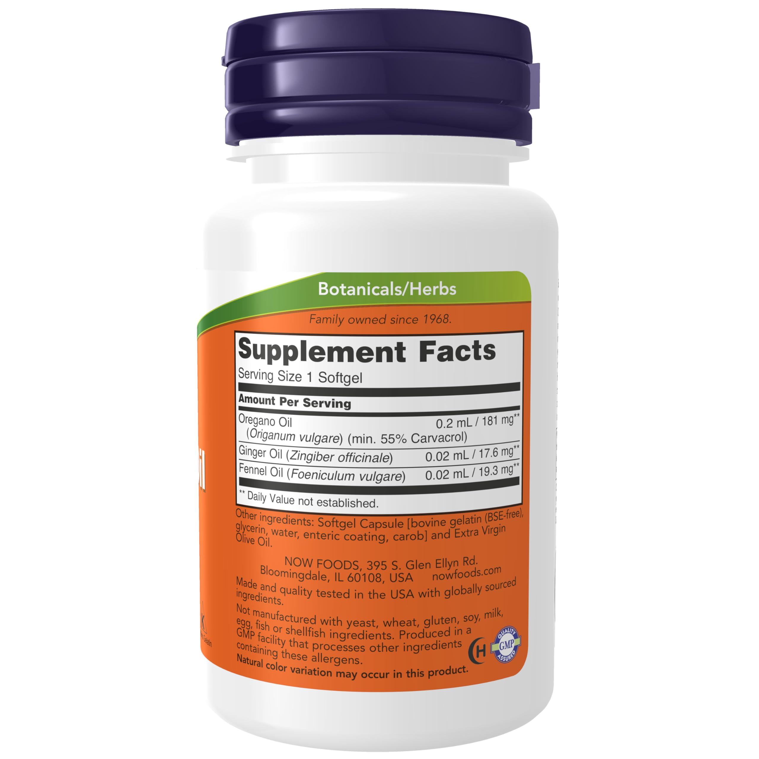 NOW Foods Oregano Oil capsules nutritional facts and ingredient label
