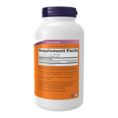 NOW Foods MSM 240 vegetable capsules nutrition facts label