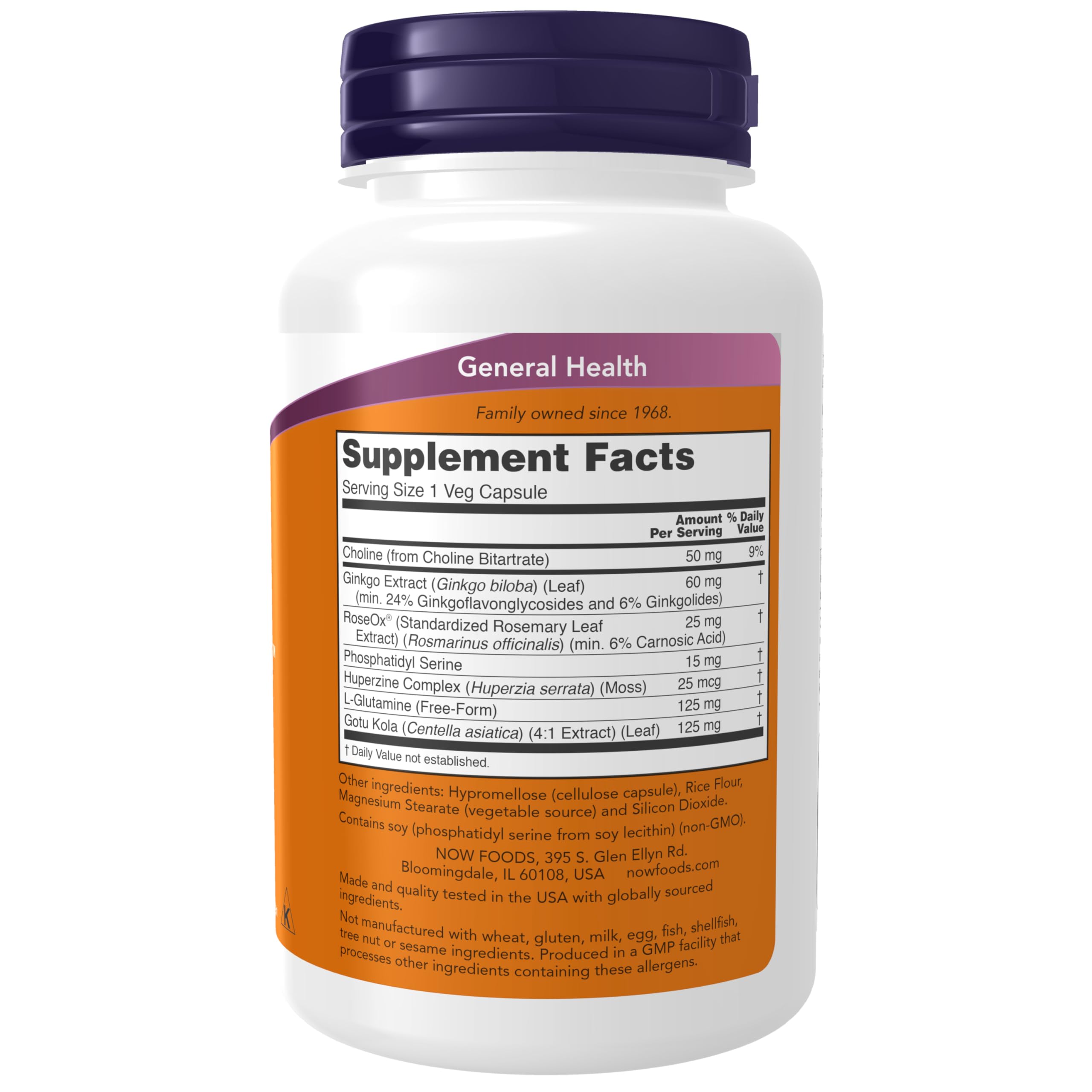 NOW Foods Brain Elevate supplement facts panel showing ginkgo biloba and phosphatidyl serine.
