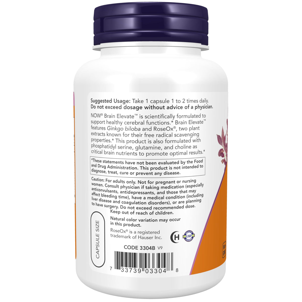 Now Foods Brain Elevate back label with suggested use and warnings