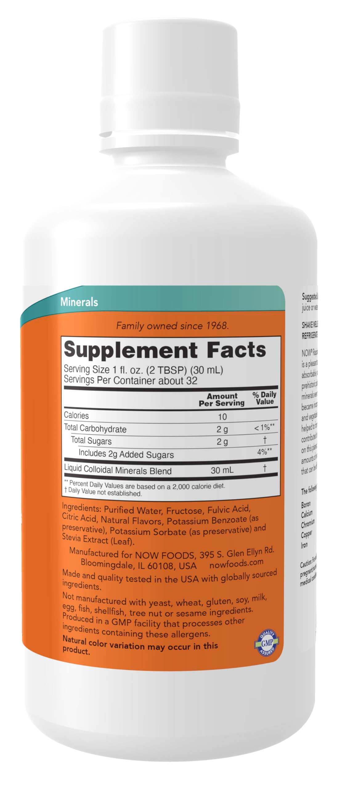 NOW Foods Colloidal Minerals Liquid supplement facts panel highlighting fulvic acid ingredients.