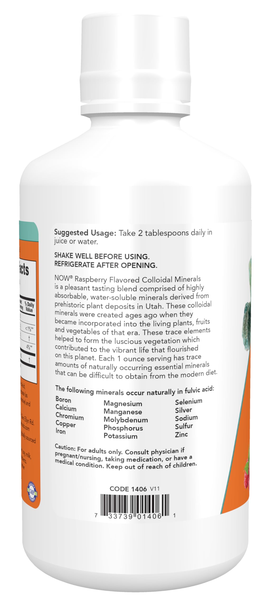 Back label view of NOW Foods imported essential trace minerals liquid 32 fluid ounce size.
