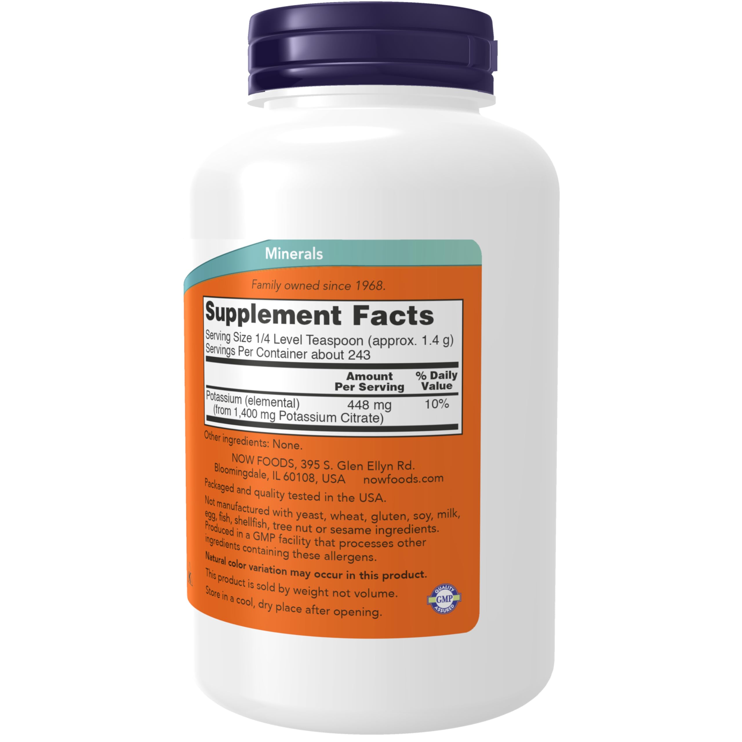 NOW Foods Potassium Citrate supplement nutritional facts panel showing elemental potassium dosage
