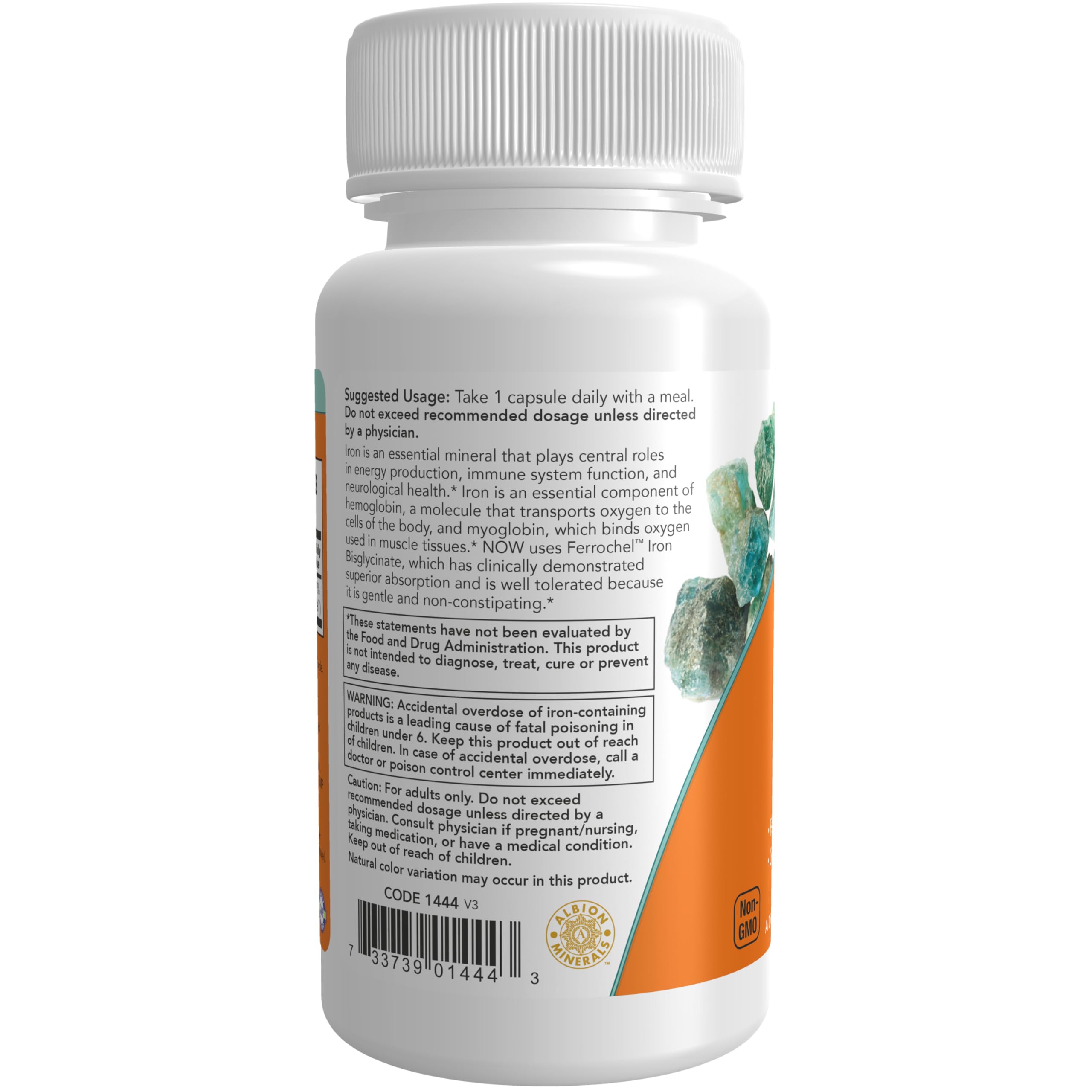 NOW Foods authentic imported Ferrochel iron bisglycinate capsule sizing display