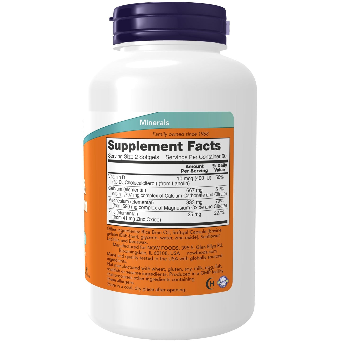 NOW Foods bone health supplement bottle label showing supplement facts and mineral dosages