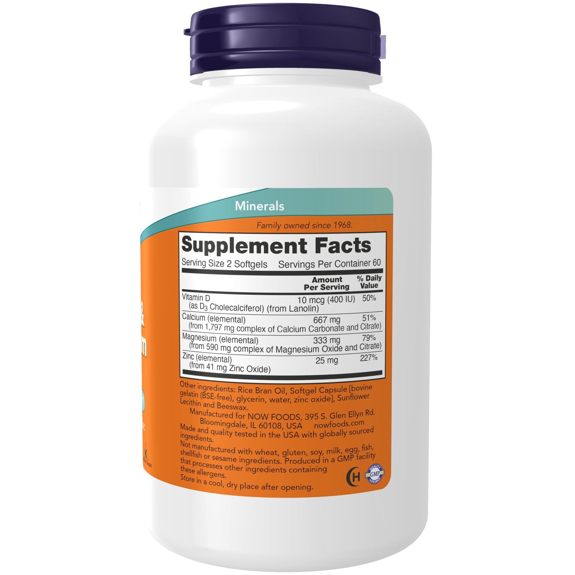 NOW Foods bone health supplement bottle label showing supplement facts and mineral dosages