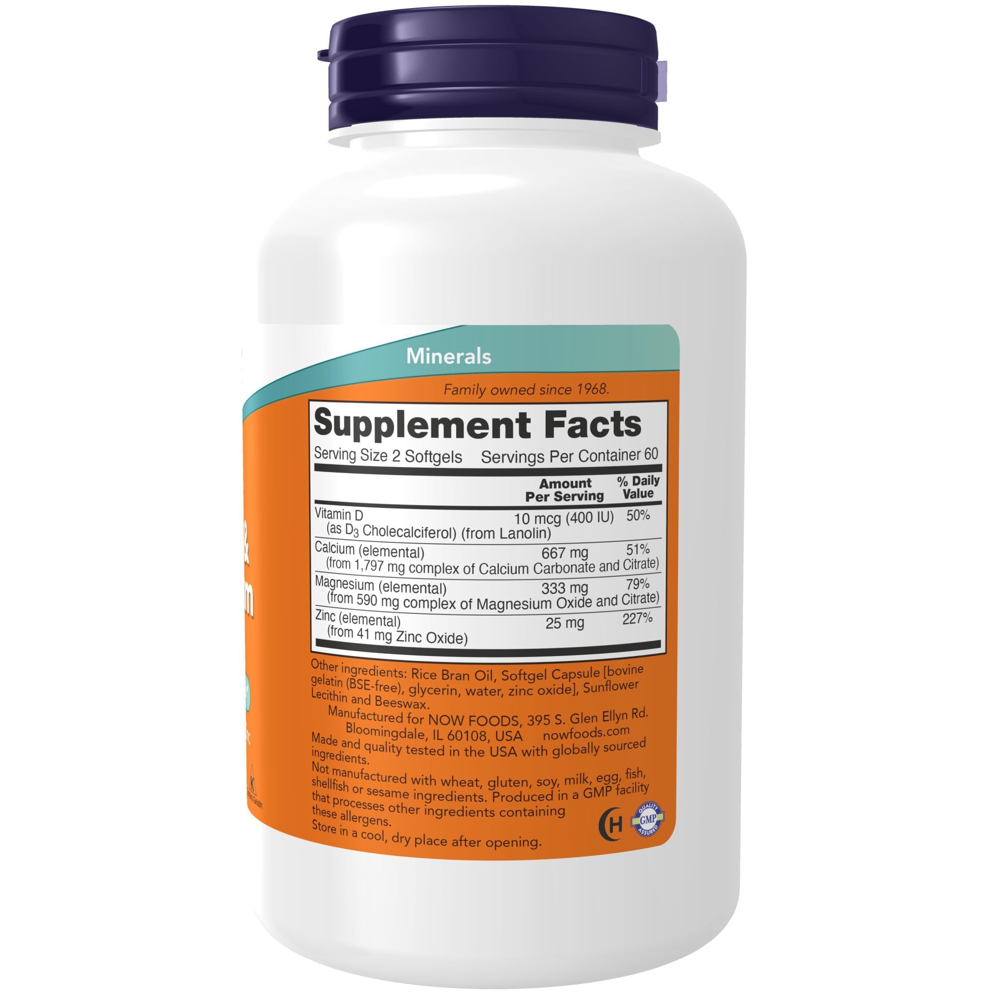 NOW Foods bone health supplement bottle label showing supplement facts and mineral dosages