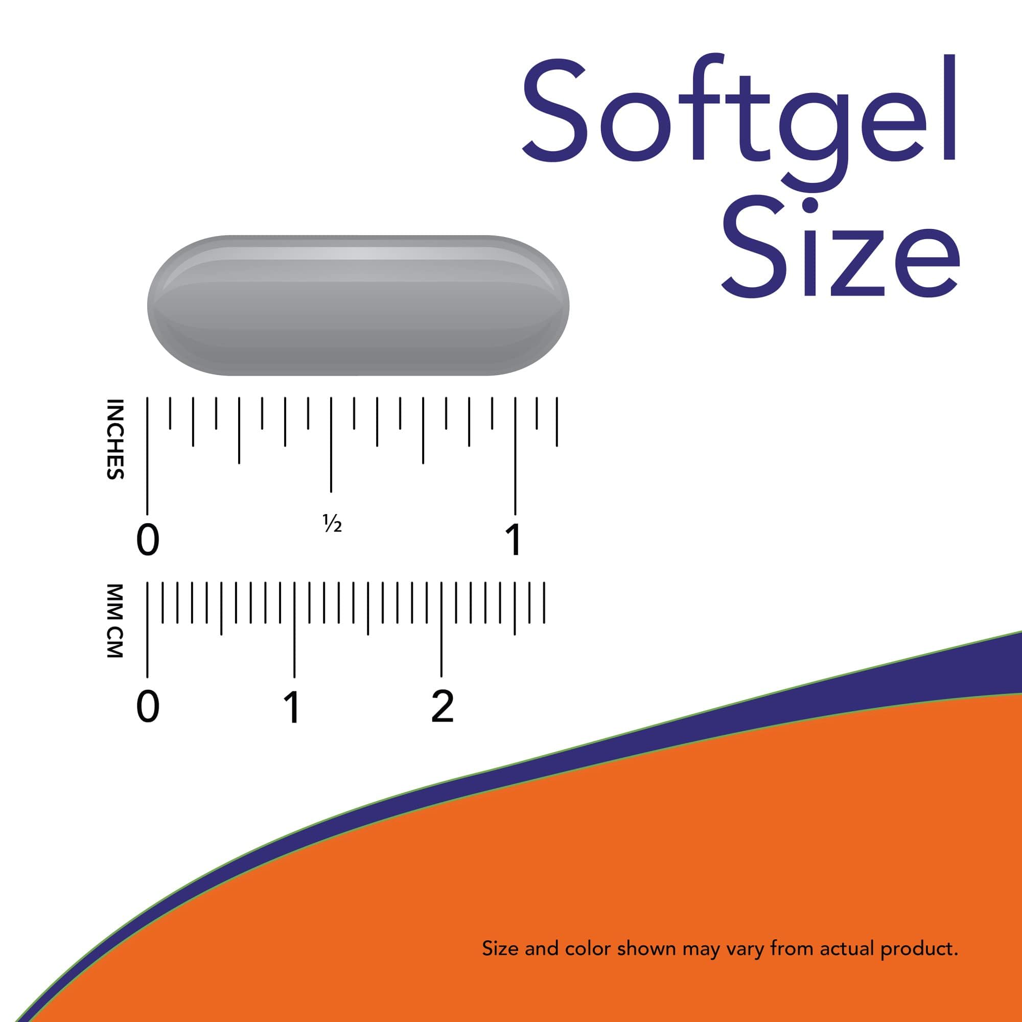 Authentic USA imported NOW Foods health vitamins showing softgel size and clear gelatin shell