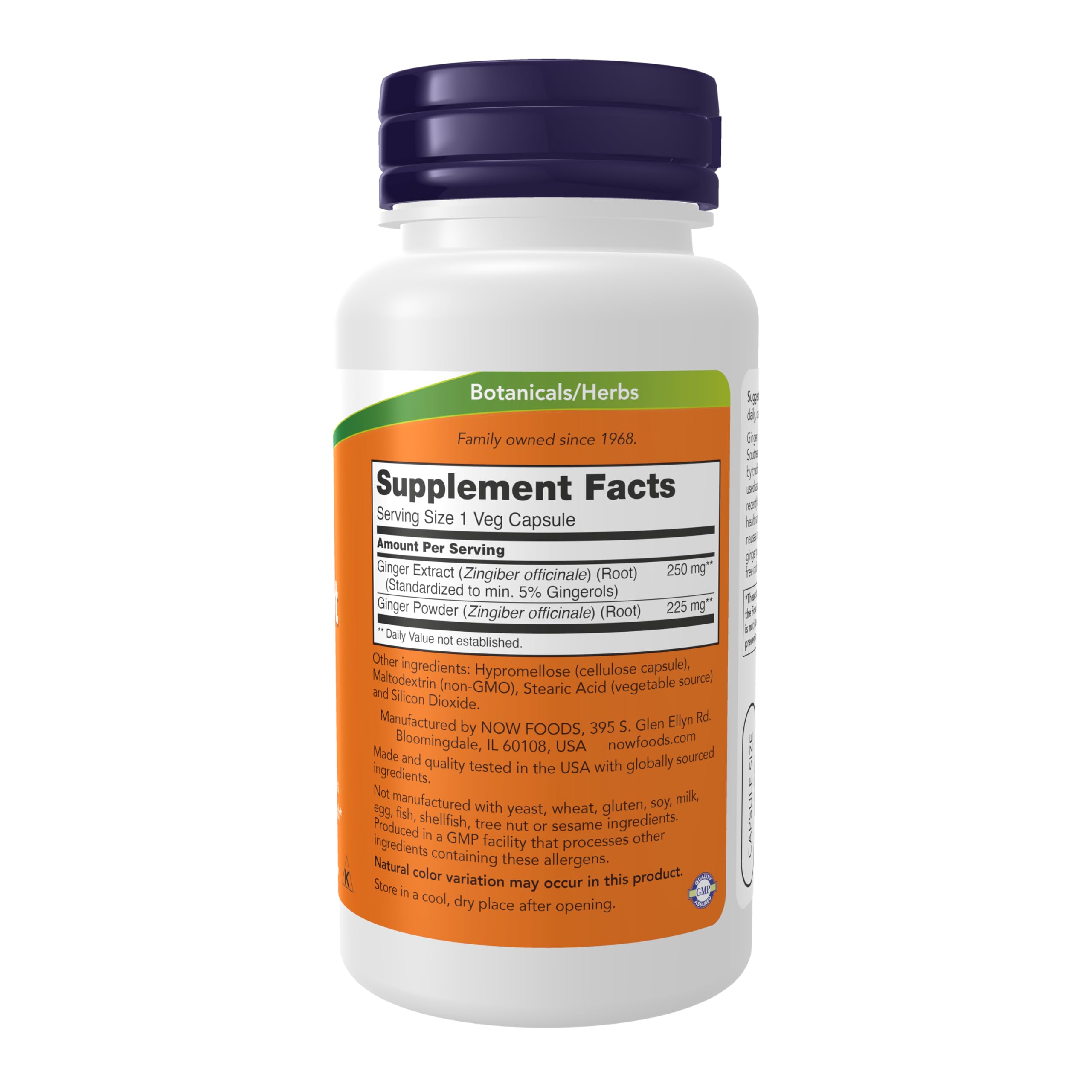 Supplement facts label on the back of NOW Foods Ginger Root Extract 250 Milligrams bottle showing active ingredients