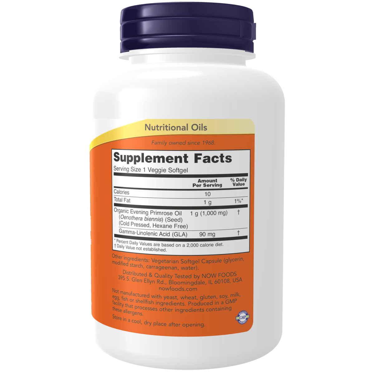 NOW Foods Evening Primrose Oil supplement facts panel with 90 mg GLA info