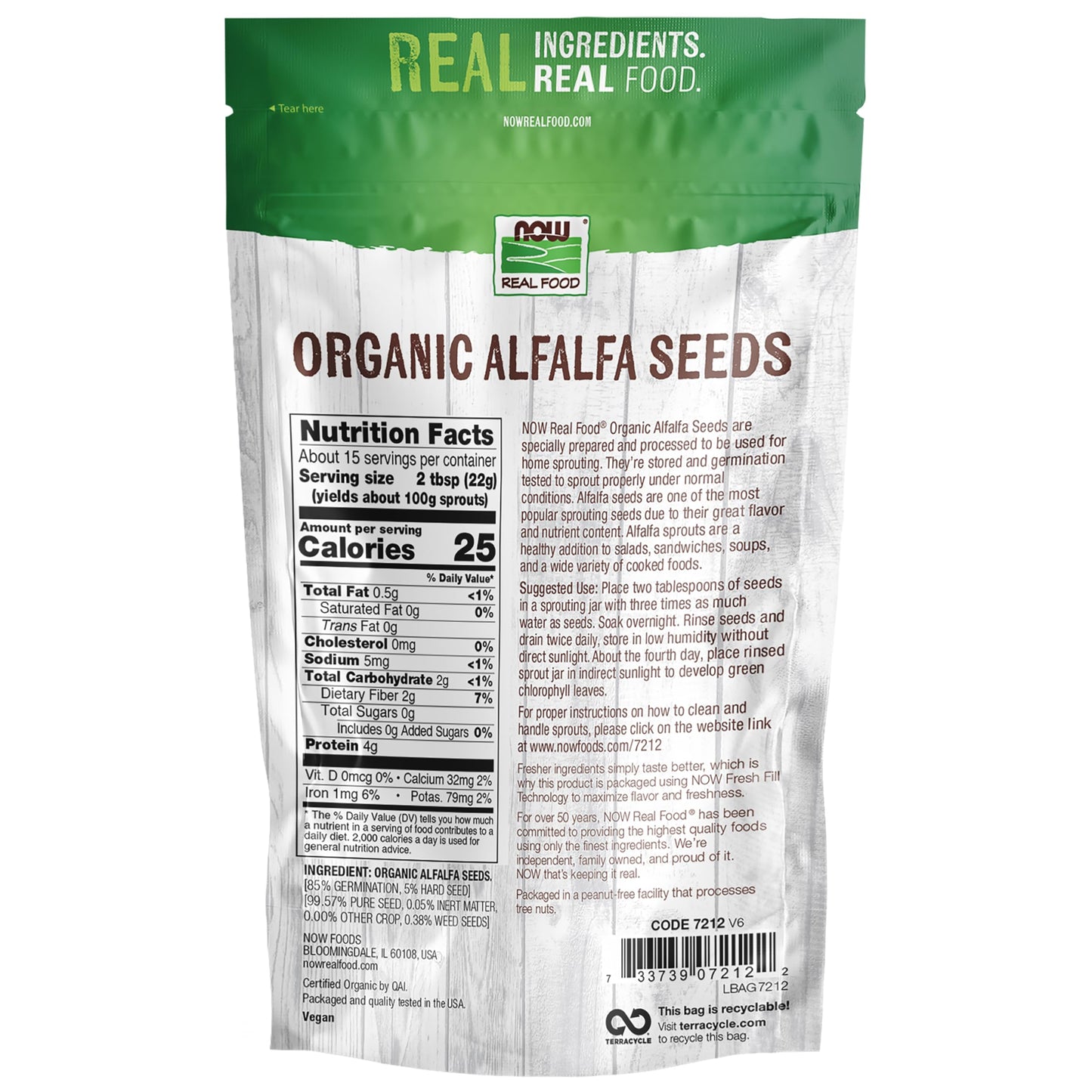 Close up of certified non-GMO alfalfa seeds packaging