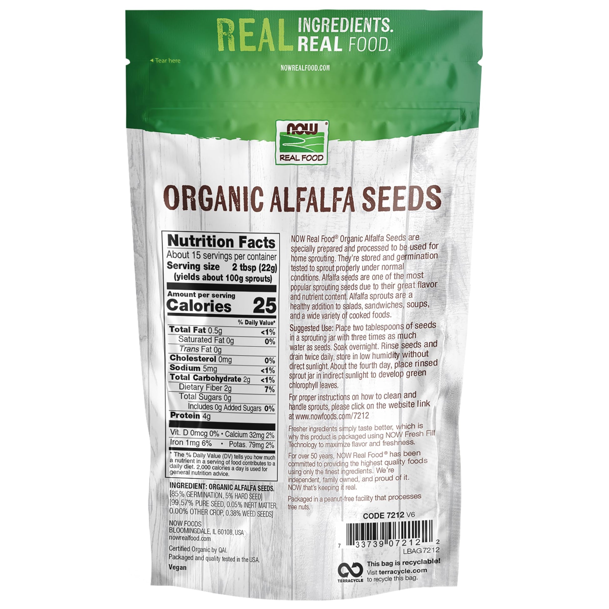 Close up of certified non-GMO alfalfa seeds packaging