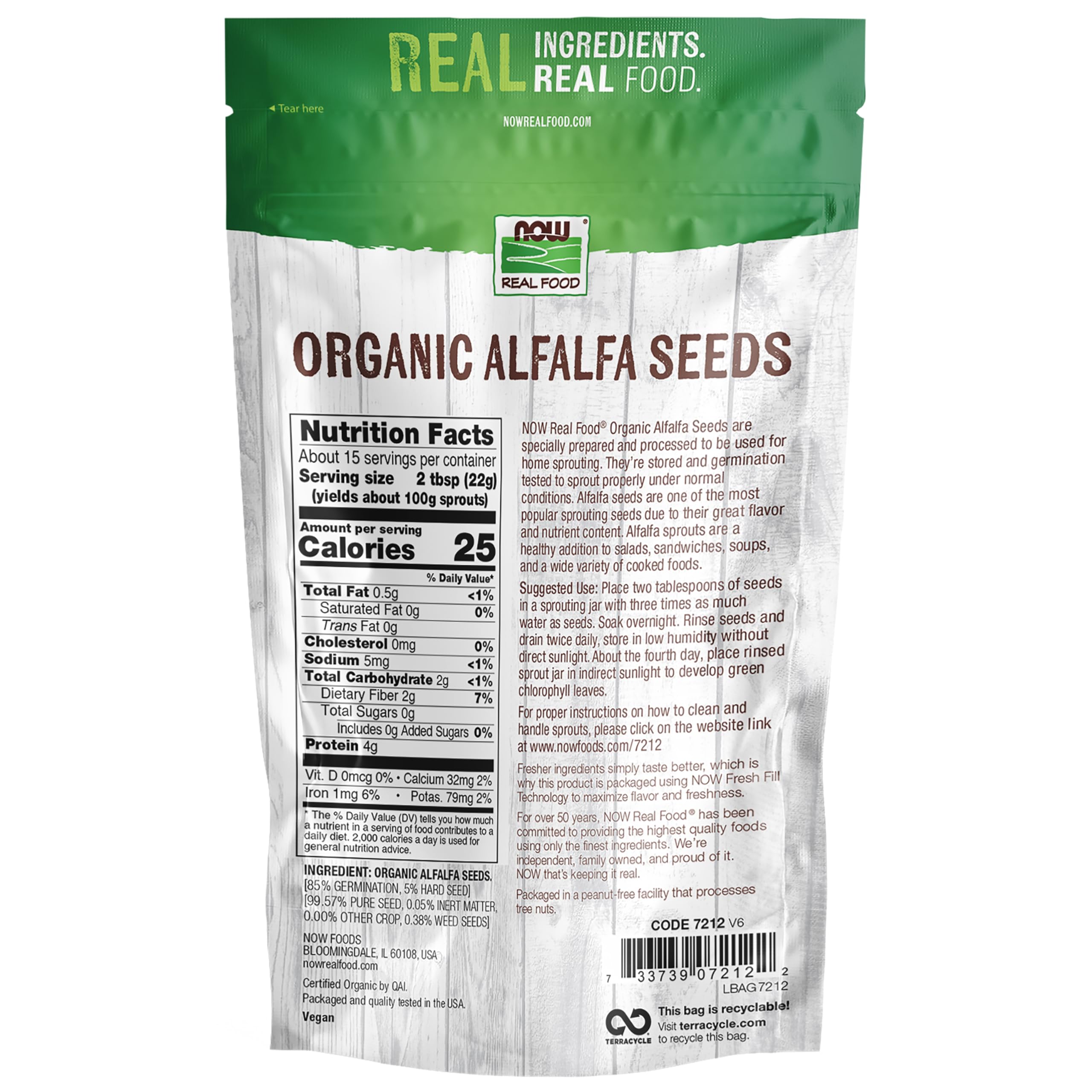 Close up of certified non-GMO alfalfa seeds packaging