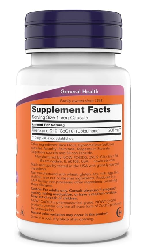 Back label of NOW Foods Coenzyme Q10 showing supplement facts and plant based ingredients.