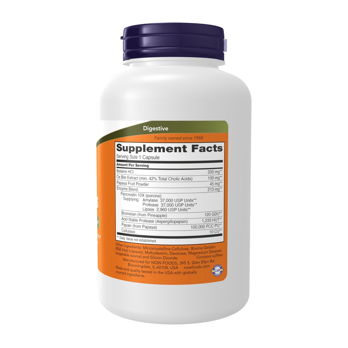 NOW Foods Super Enzymes bottle display highlighting active ingredients bromelain and ox bile.