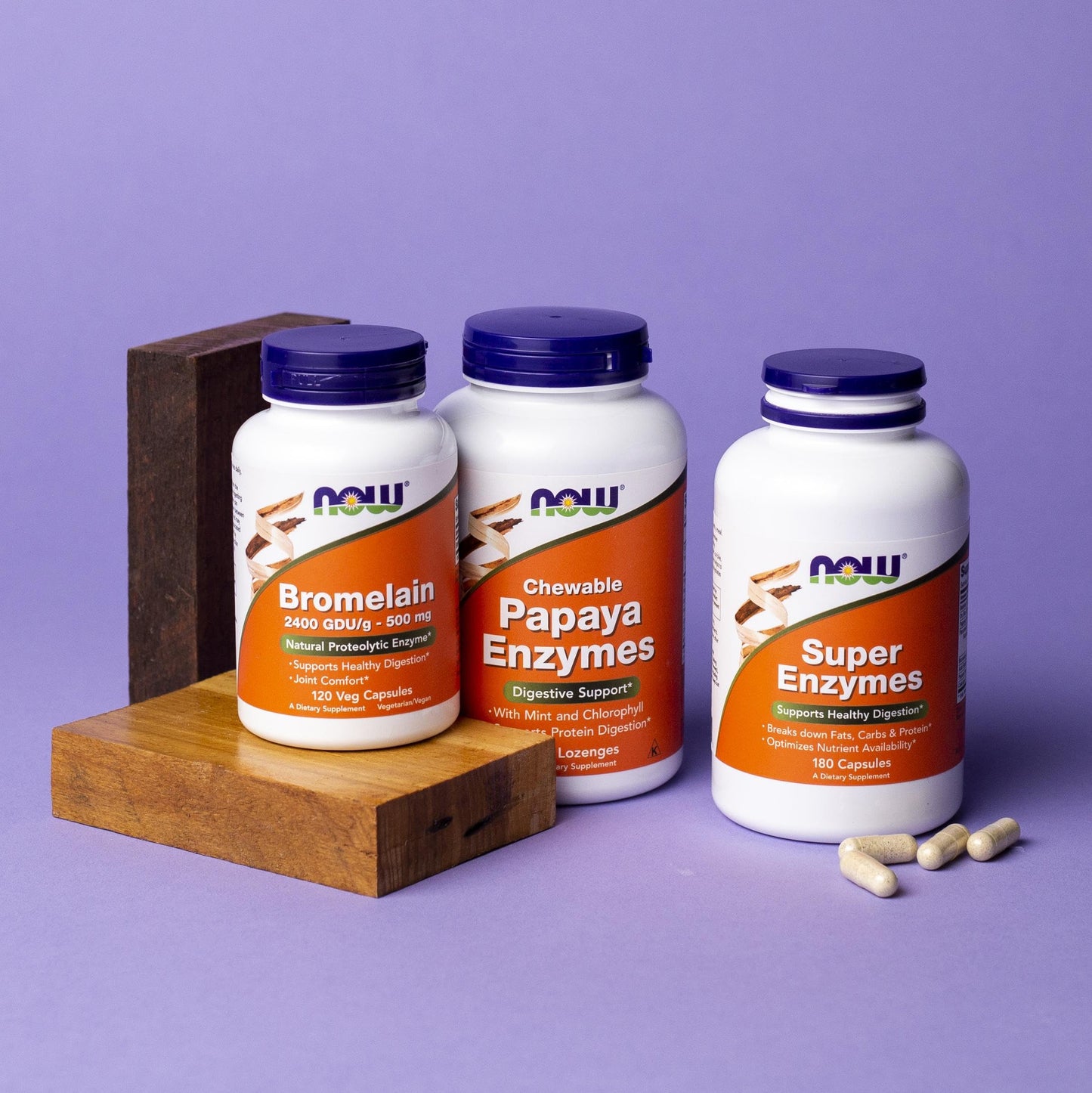 Authentic USA imported NOW Foods Super Enzymes bottle standing upright on clean background.