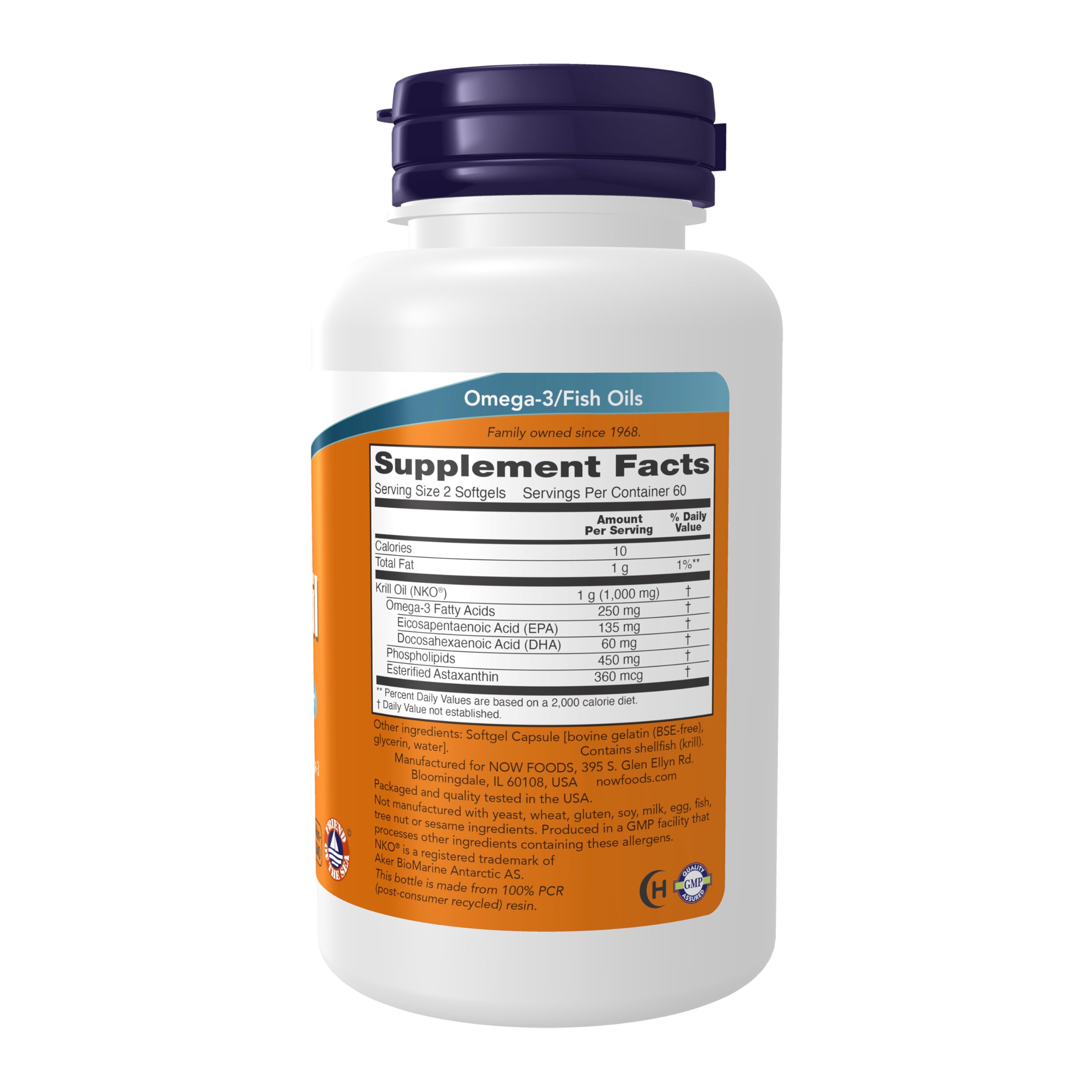 Now Foods Neptune Krill Oil 120 softgels packaging displaying pure NKO certification facts.