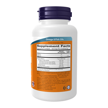 Now Foods Neptune Krill Oil 120 softgels packaging displaying pure NKO certification facts.