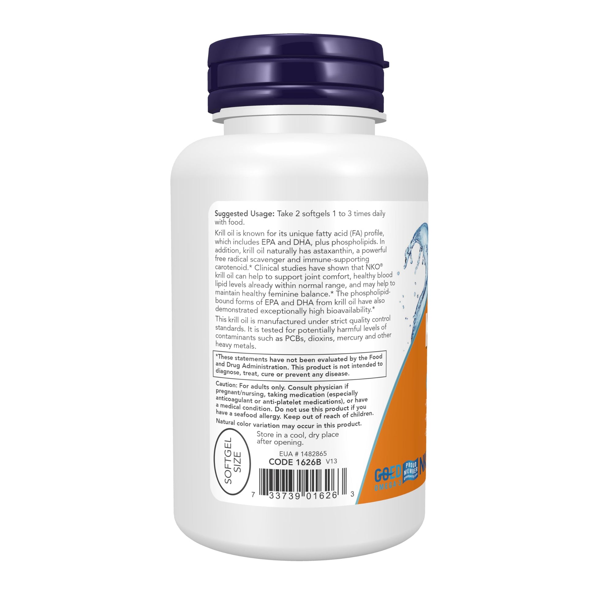 Side view of Now Foods Krill Oil 500 Milligrams supplement listing ingredient information.