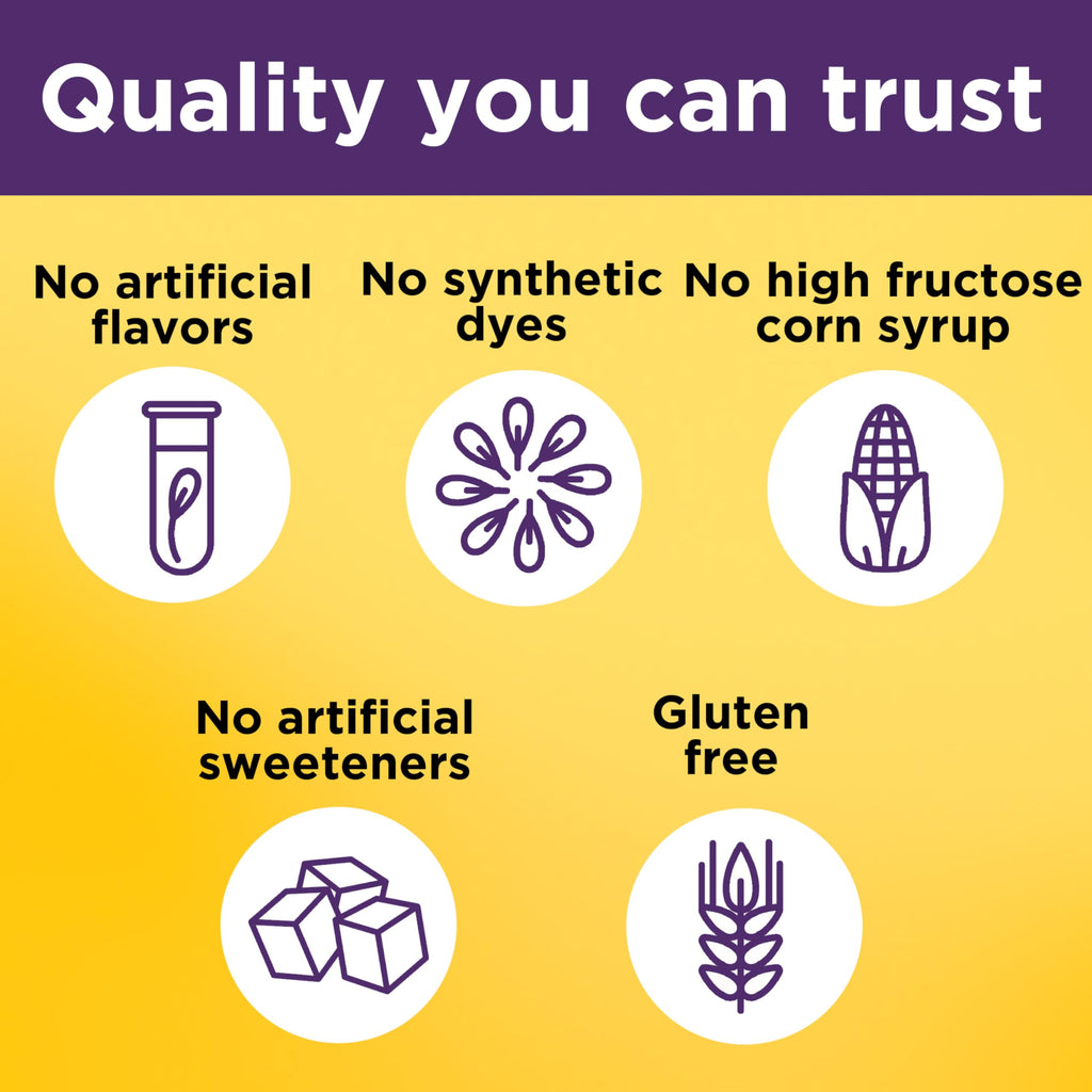 Side panel view highlighting no synthetic dyes and no high fructose corn syrup features.