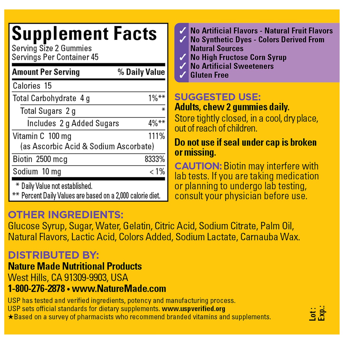 Nature Made premium health supplement bottle showcasing the 45 day supply specifications.