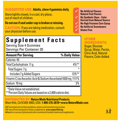 Natural ingredient maximum strength vitamin C chewable bottle back.