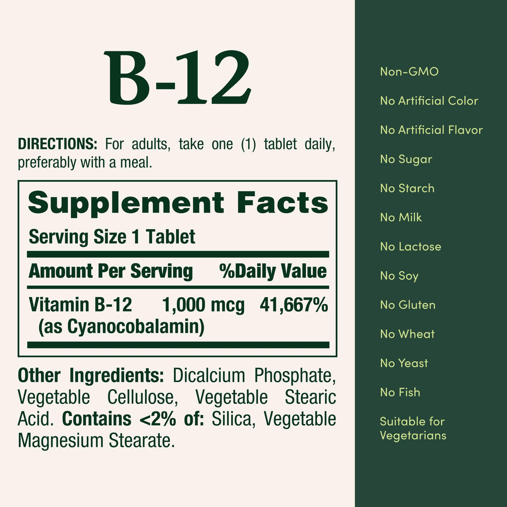 Nature's Bounty Vitamin B12 ingredient list and certification details