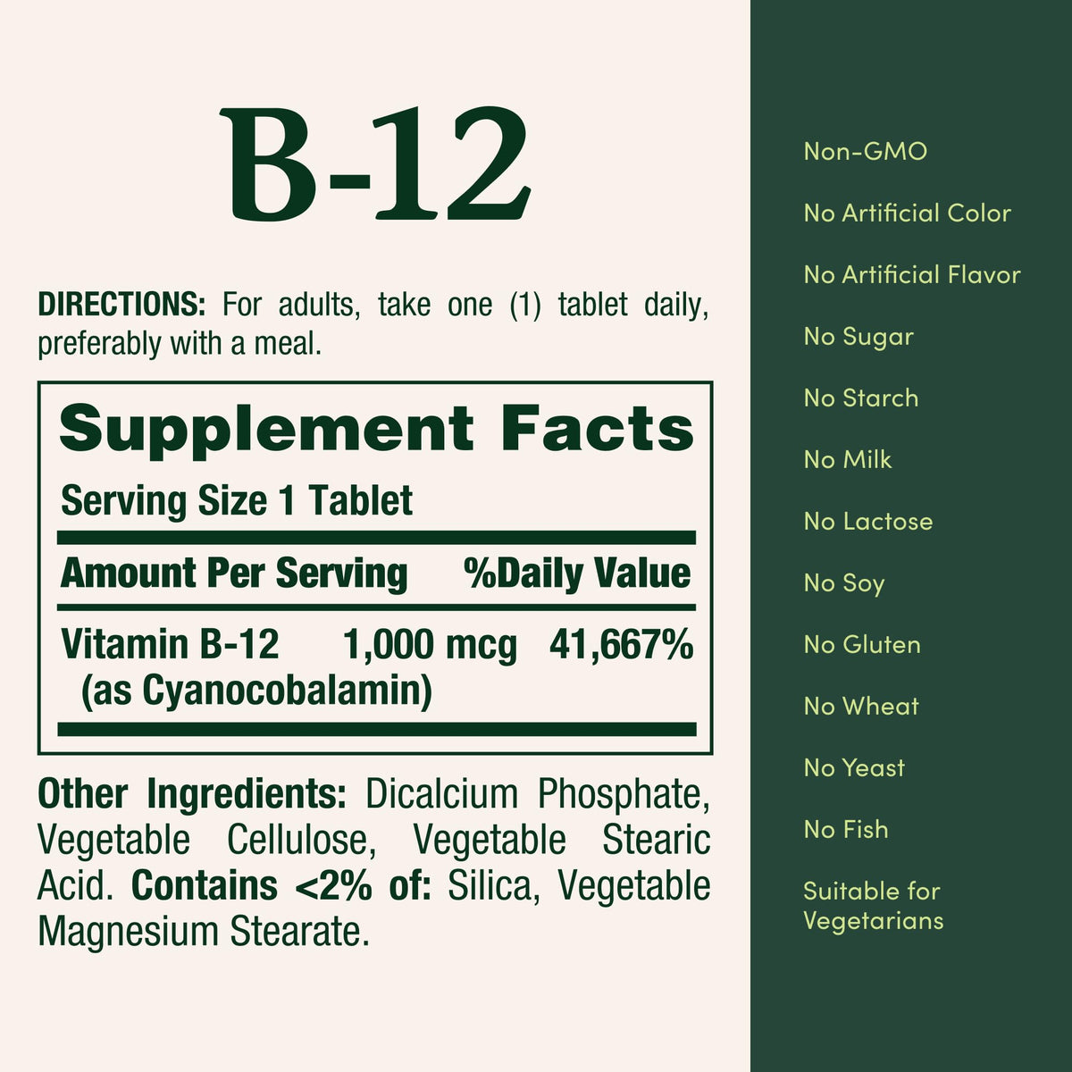 Nature's Bounty Vitamin B12 ingredient list and certification details